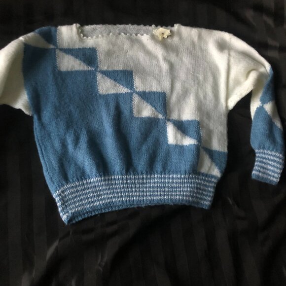 Vintage Chunky Knit Blue white cropped Sweater - Picture 1 of 11